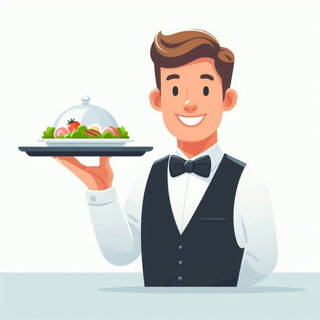 Waiter holding tray with salad. Vector illustration in cartoon style.のイラスト素材