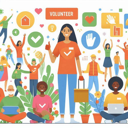Volunteer concept vector illustration. Flat design of volunteer people with icons.のイラスト素材