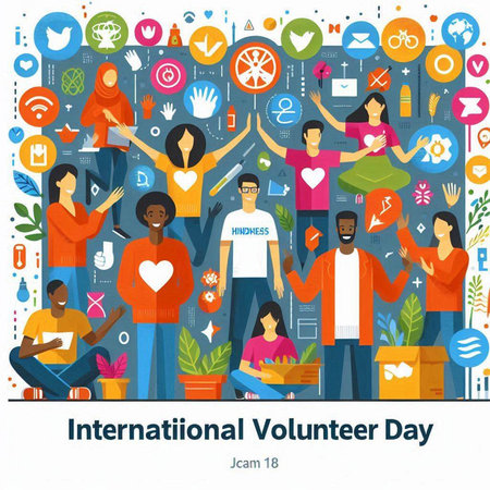 International Volunteer Day. Vector illustration with flat icons on blue background.のイラスト素材