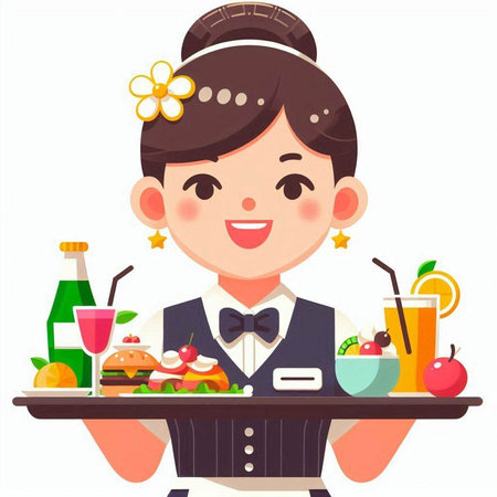 Cute waitress holding tray with food and drinks. Vector illustration.のイラスト素材