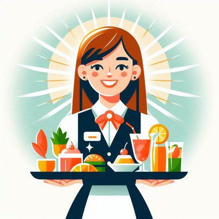 Cute girl waiter with tray of food and drinks. Vector illustration.のイラスト素材