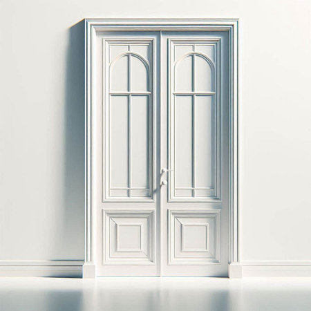 White door in empty room, 3d render. Computer digital drawing.のイラスト素材