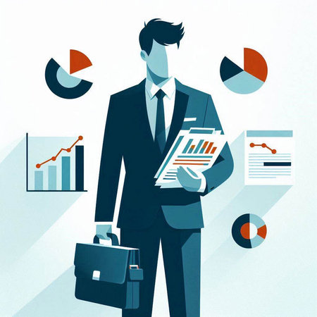 Businessman with financial charts and graphs. Vector illustration in retro style.のイラスト素材