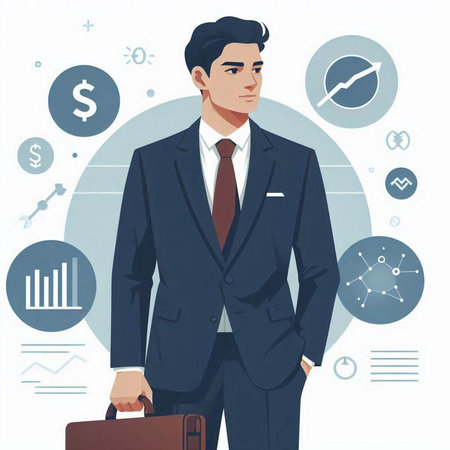Businessman with briefcase in hands. Vector illustration in flat styleのイラスト素材