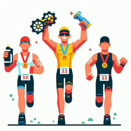 Set of sportsmen with medals, medals and water bottles. Vector illustrationのイラスト素材
