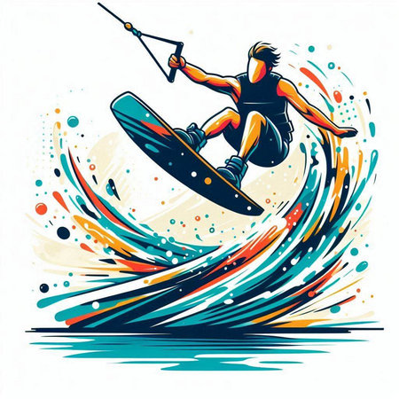 Kitesurfing, vector illustration of a man riding a wakeboardのイラスト素材