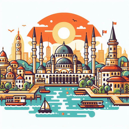 Cityscape of Istanbul, Turkey. Colorful vector illustration in flat styleのイラスト素材