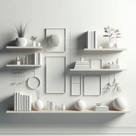 Shelf with books and decorations in modern interior. 3d renderのイラスト素材