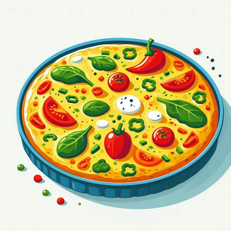 Illustration of a pizza with tomato, pepper, mozzarella and basilのイラスト素材