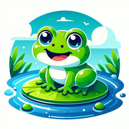 Frog on the green island in the water. Vector illustration.のイラスト素材