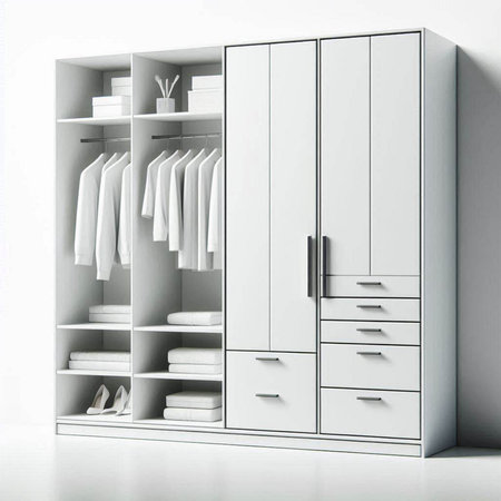 3d illustration of a white wardrobe with clothes hanging on the wallのイラスト素材