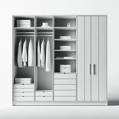 White wardrobe with different clothes in the interior. 3d rendering.のイラスト素材