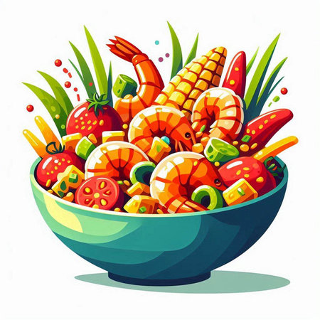 Illustration of fresh vegetable salad in bowl with shrimps and tomatoesのイラスト素材