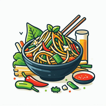 Noodles in bowl with chopsticks and vegetables. Vector illustrationのイラスト素材
