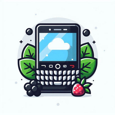 Mobile phone with cloud and berries. Vector illustration in flat cartoon style.のイラスト素材