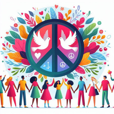 International Day of Peace concept. Group of people with peace sign, vector illustrationのイラスト素材