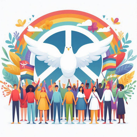 International Day of Peace concept. Group of people with peace dove and rainbow flag. Vector illustrationのイラスト素材