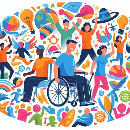 Handicapped people in different situations. Vector illustration in flat style.のイラスト素材