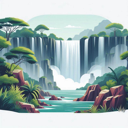 Waterfall in the jungle on a white background. Vector illustration.のイラスト素材