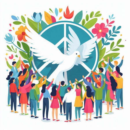 World Peace Day concept with crowd of people and peace dove. Vector illustrationのイラスト素材