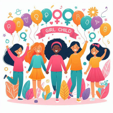 Vector Illustration of Girls Celebrating Women's Day with Balloons.のイラスト素材