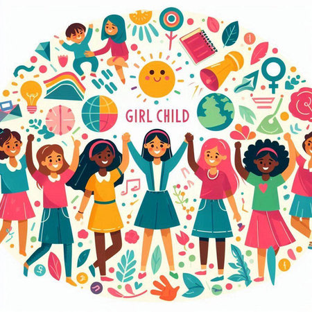 Vector illustration of a group of children around the globe. Flat style.のイラスト素材