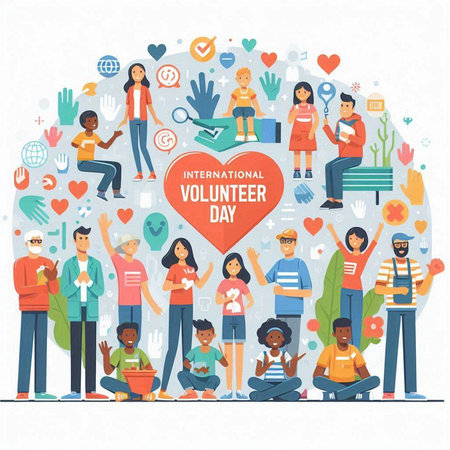 Volunteers, volunteers, charity and donation concept. Flat vector illustration.のイラスト素材