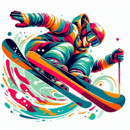 Vector illustration of a snowboarder jumping on a colorful background.のイラスト素材