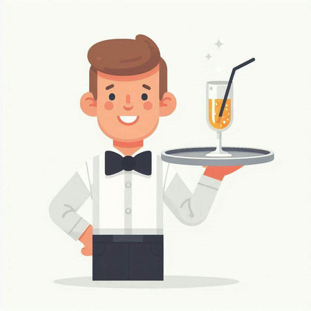 Waiter holding a tray with a drink. Vector illustration in cartoon styleのイラスト素材