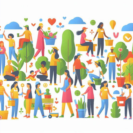 People working in garden, planting and caring for plants. Flat vector illustration.のイラスト素材