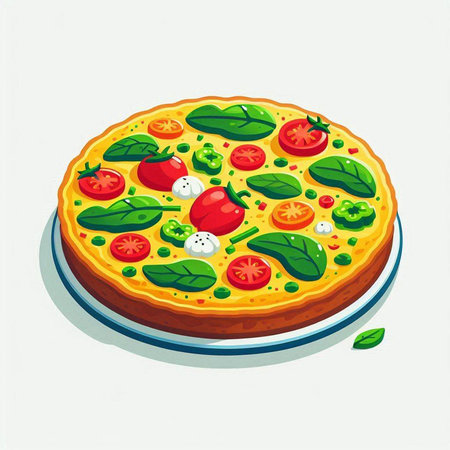 Pizza with tomatoes, mozzarella and basil. Vector illustration.のイラスト素材