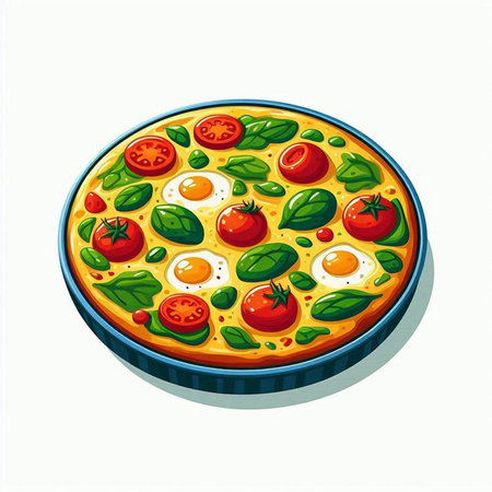 Illustration of pizza with tomatoes, mozzarella and basil on white backgroundのイラスト素材