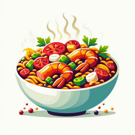 Spaghetti with prawns in a bowl. Vector illustration.のイラスト素材