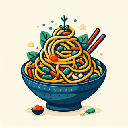 Illustration of asian noodle in bowl with chopsticks.のイラスト素材