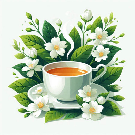 Cup of tea with jasmine flowers. Vector illustration.のイラスト素材
