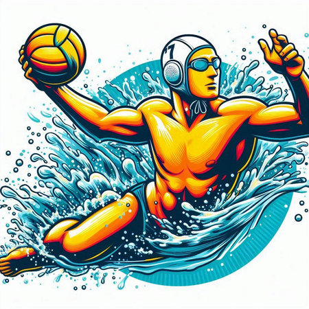 Water polo player with ball in water splash. Vector illustration.のイラスト素材