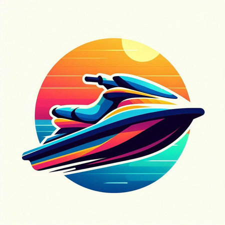 Jet ski icon. Vector illustration of a jet ski on a sunset background.のイラスト素材