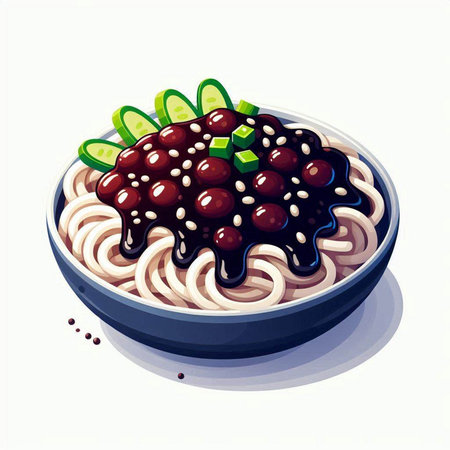 Illustration of a bowl of udon noodles with sesame seedsのイラスト素材