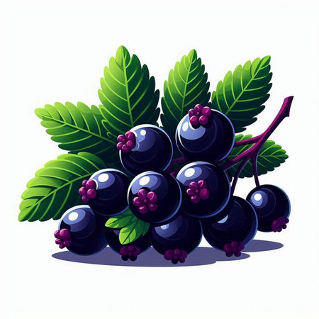 Black currant with leaves isolated on white background. Vector illustration.のイラスト素材