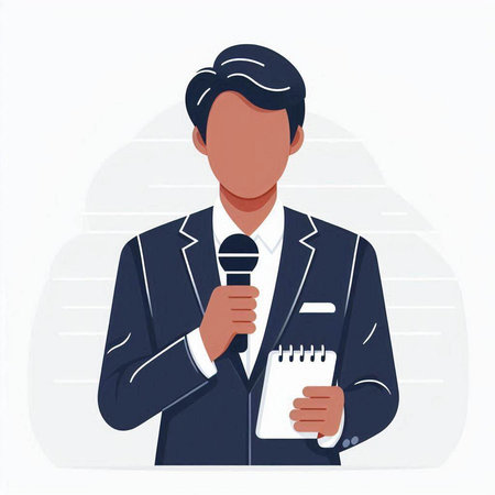 Journalist in a suit with a microphone. Vector illustration in flat styleのイラスト素材