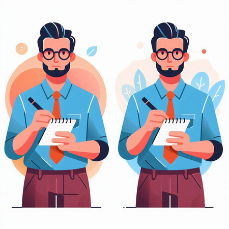 Vector illustration of a man with glasses writing in a notebook. Vector illustration in a flat style.のイラスト素材