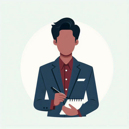Businessman with pen in hand. Vector illustration in flat style.のイラスト素材