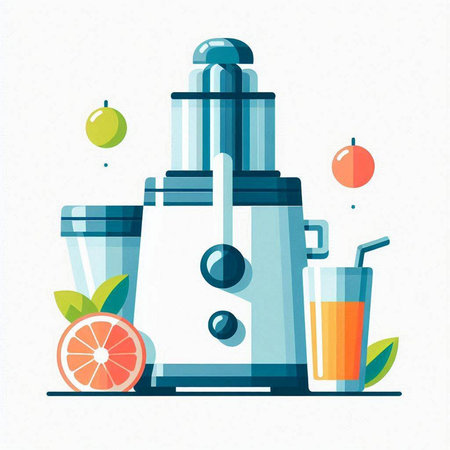 Vector illustration of a juicer with juice and fruits. Flat style.のイラスト素材