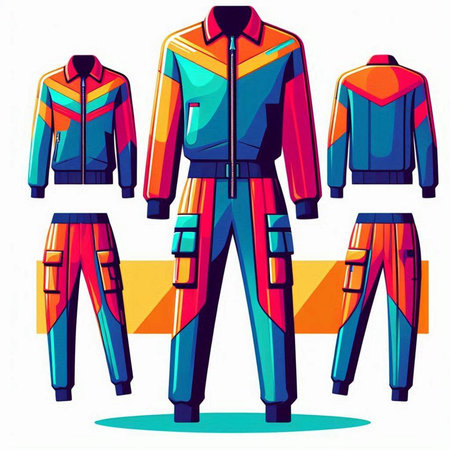Illustration of a set of colorful winter sportswear. Vector illustration.のイラスト素材