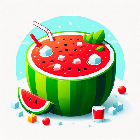 Watermelon juice with ice cubes and watermelon slices. Vector illustration.のイラスト素材