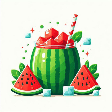 Watermelon smoothie with ice cubes and watermelon slices. Vector illustration.のイラスト素材