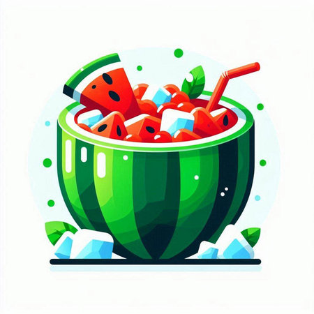 Watermelon salad in watermelon bowl with ice cubes. Vector illustration in flat styleのイラスト素材