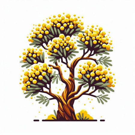 Yellow mimosa tree isolated on white background. Hand drawn vector illustration.のイラスト素材