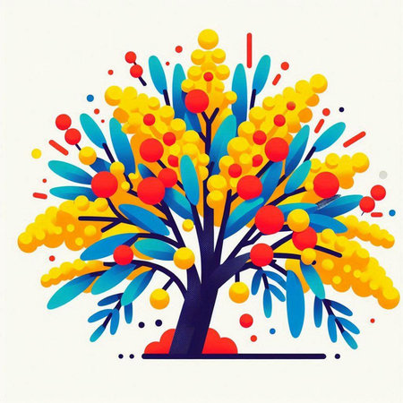 Hand drawn illustration of a tree with yellow, orange and blue flowers.のイラスト素材