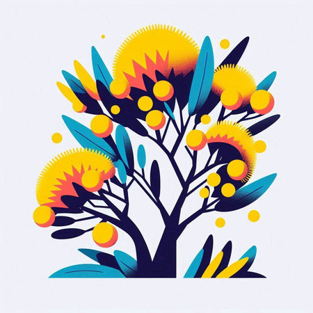 Abstract tree with yellow and blue flowers and leaves. Vector illustration.のイラスト素材